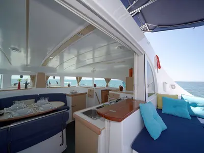 Salon of Poe Vai, a Lagoon 380 S2 catamaran at Papeete, France