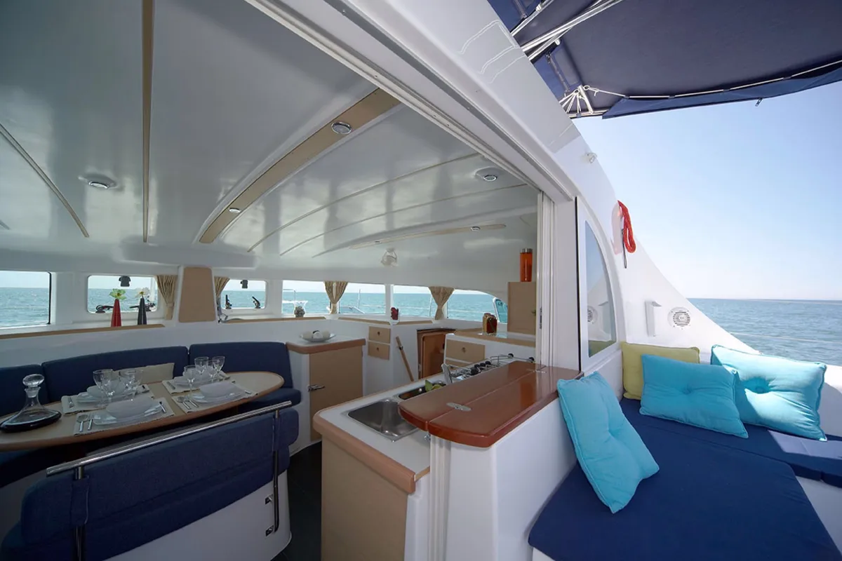 Salon of Poe Vai, a Lagoon 380 S2 catamaran at Papeete, France