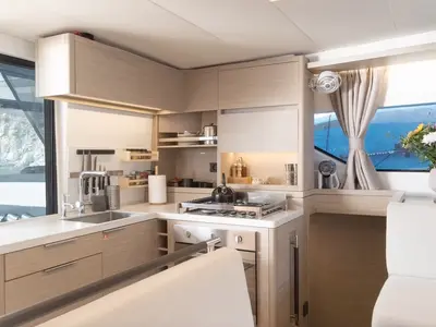 Galley of Navya, a Lagoon 51 catamaran at Municipal Unit of Lefkada, Greece