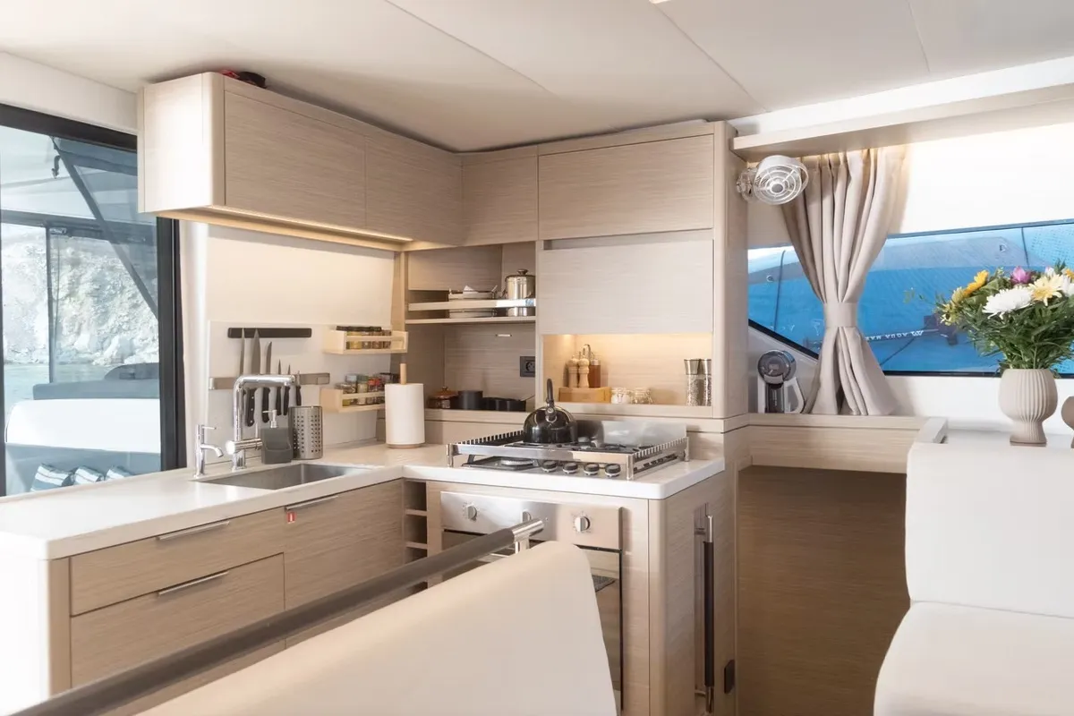 Galley of Navya, a Lagoon 51 catamaran at Municipal Unit of Lefkada, Greece