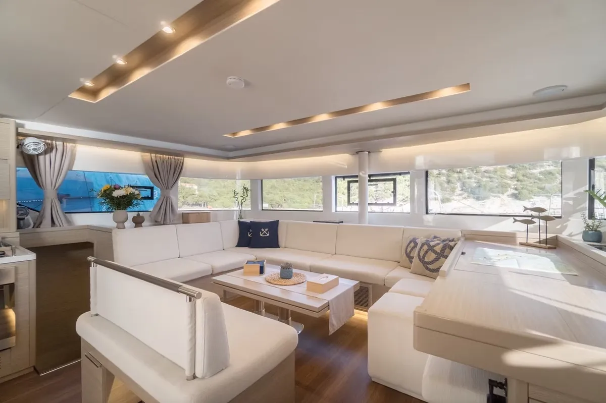 Salon of Navya, a Lagoon 51 catamaran at Municipal Unit of Lefkada, Greece