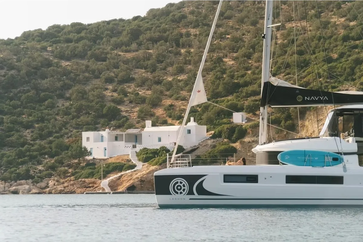 Exterior view of Navya, a Lagoon 51 catamaran at Municipal Unit of Lefkada, Greece