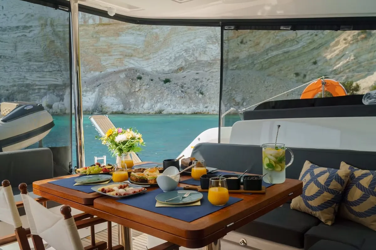 Deck of Navya, a Lagoon 51 catamaran at Municipal Unit of Lefkada, Greece