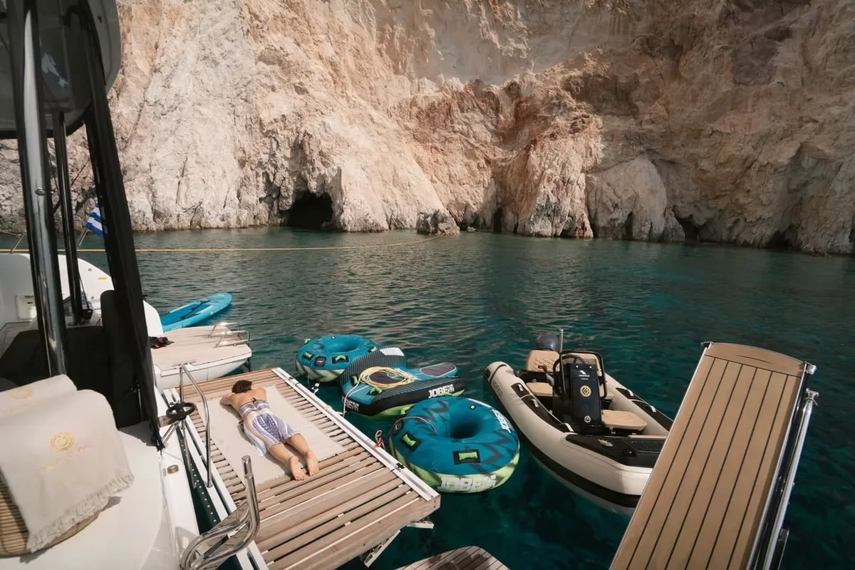 Deck of Navya, a Lagoon 51 catamaran at Municipal Unit of Lefkada, Greece