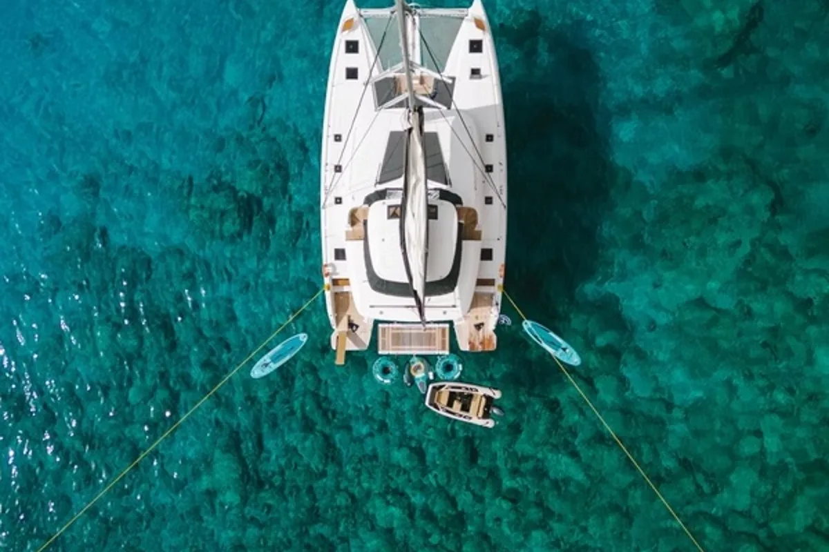 Exterior view of Navya, a Lagoon 51 catamaran at Municipal Unit of Lefkada, Greece