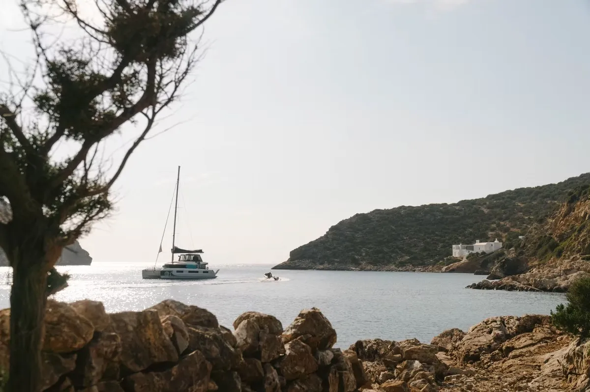 Exterior view of Navya, a Lagoon 51 catamaran at Municipal Unit of Lefkada, Greece