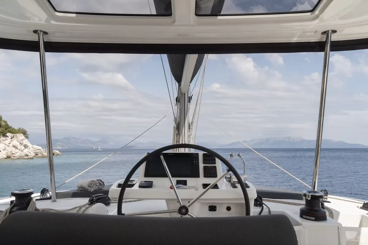 Cockpit of Navya, a Lagoon 51 catamaran at Municipal Unit of Lefkada, Greece
