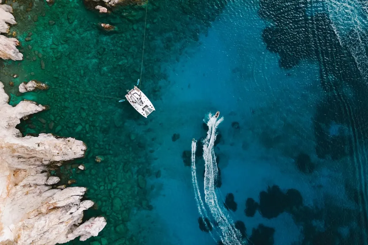 Exterior view of Navya, a Lagoon 51 catamaran at Municipal Unit of Lefkada, Greece