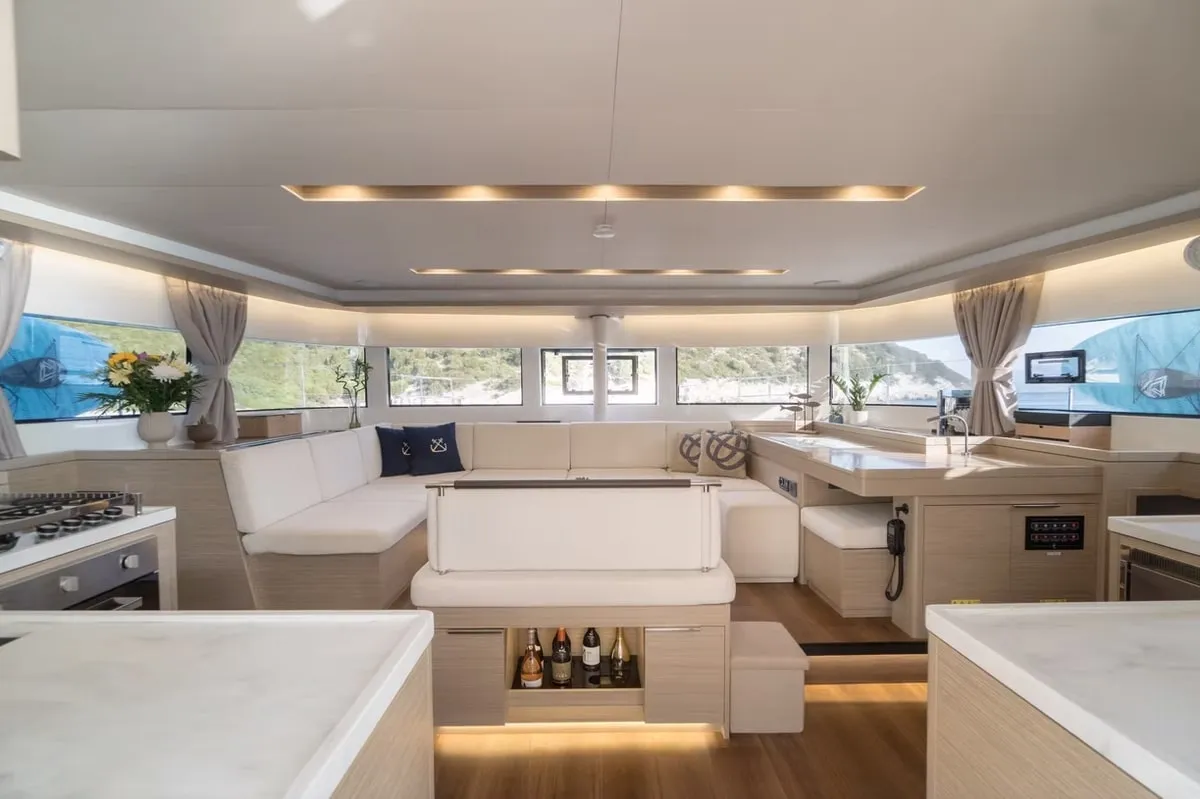 Salon of Navya, a Lagoon 51 catamaran at Municipal Unit of Lefkada, Greece