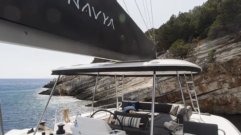 Deck of Navya, a Lagoon 51 catamaran at Municipal Unit of Lefkada, Greece