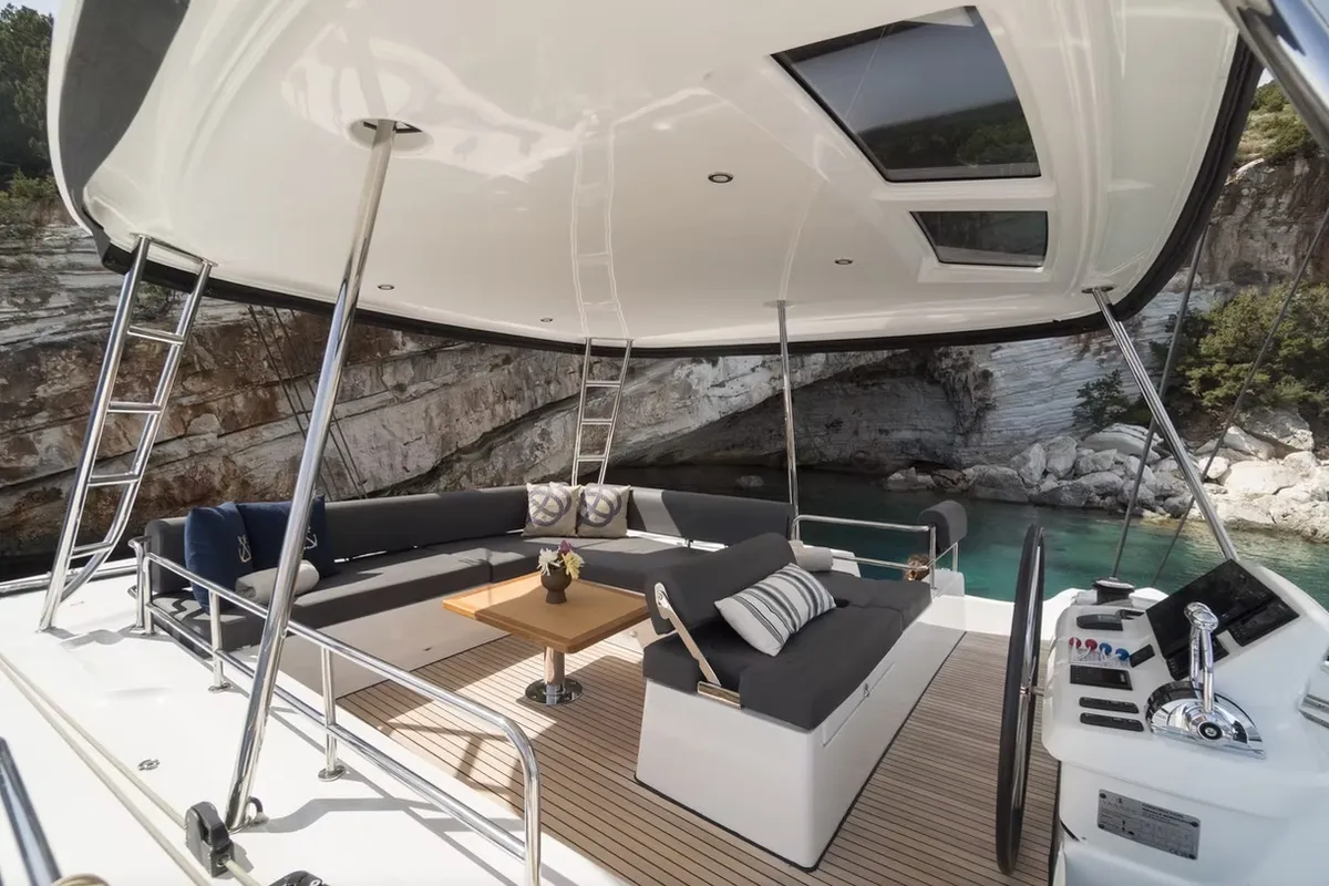 Deck of Navya, a Lagoon 51 catamaran at Municipal Unit of Lefkada, Greece