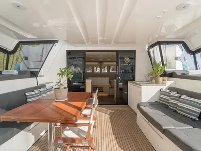 Deck of Navya, a Lagoon 51 catamaran at Municipal Unit of Lefkada, Greece