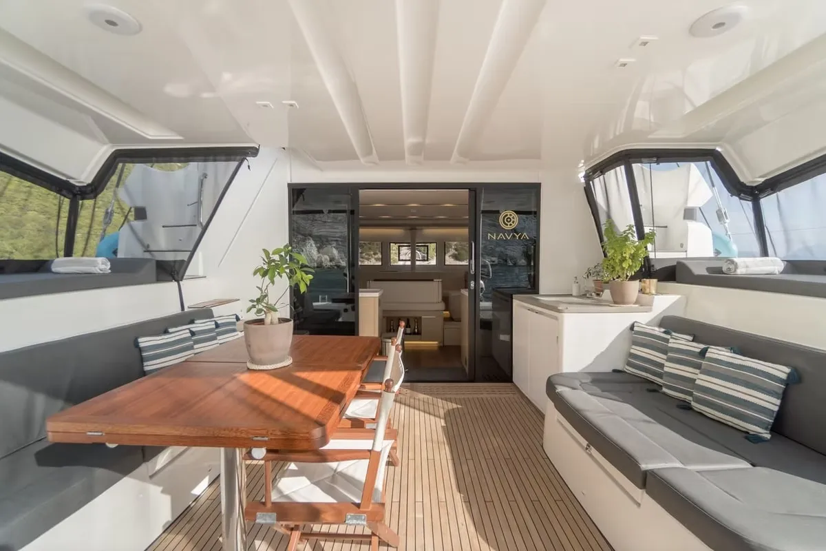 Deck of Navya, a Lagoon 51 catamaran at Municipal Unit of Lefkada, Greece