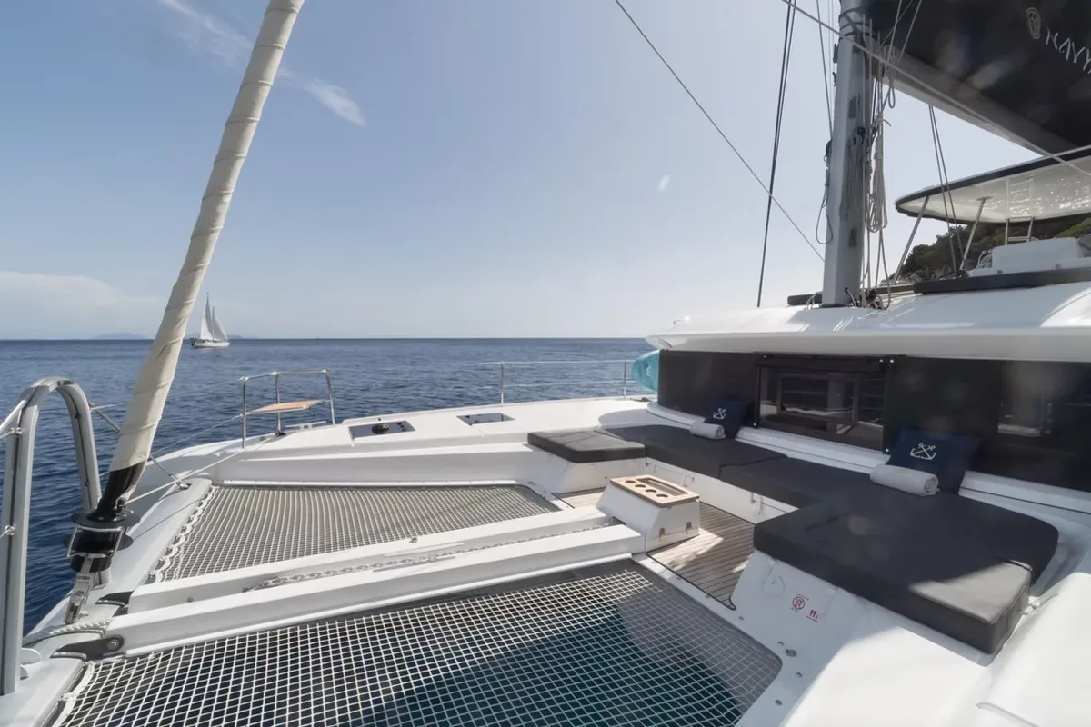 Deck of Navya, a Lagoon 51 catamaran at Municipal Unit of Lefkada, Greece