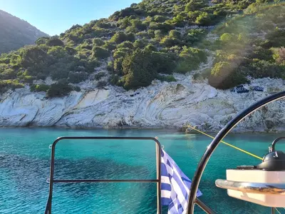 Cockpit of Navya, a Lagoon 51 catamaran at Municipal Unit of Lefkada, Greece