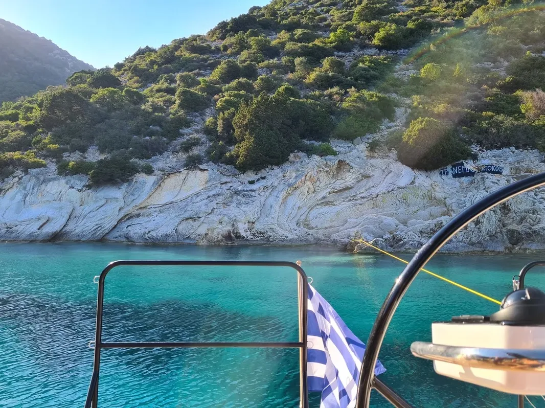 Cockpit of Navya, a Lagoon 51 catamaran at Municipal Unit of Lefkada, Greece