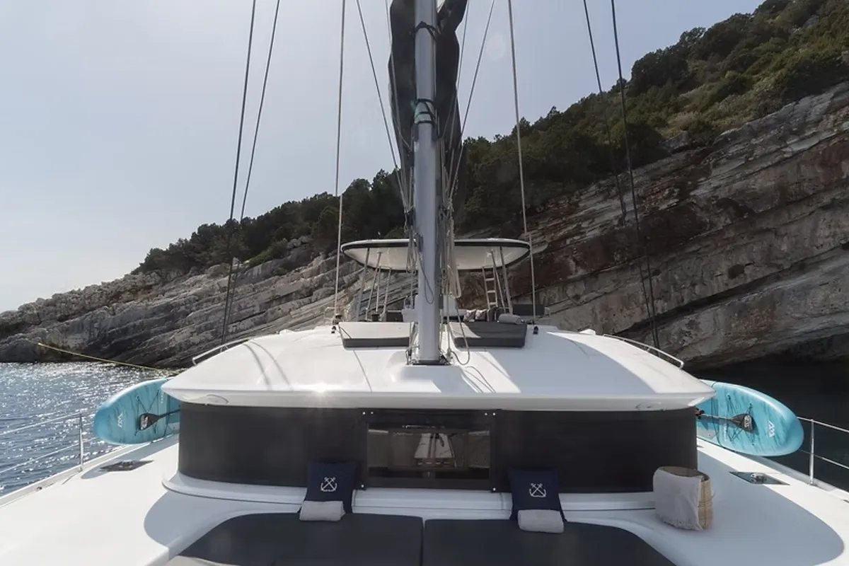 Deck of Navya, a Lagoon 51 catamaran at Municipal Unit of Lefkada, Greece