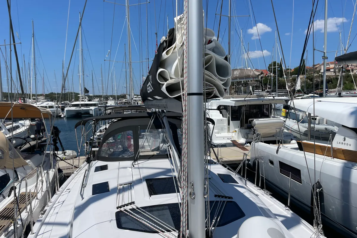 Deck of St. Marie, a Elan Impression 45 sailboat at Grad Šibenik, Croatia