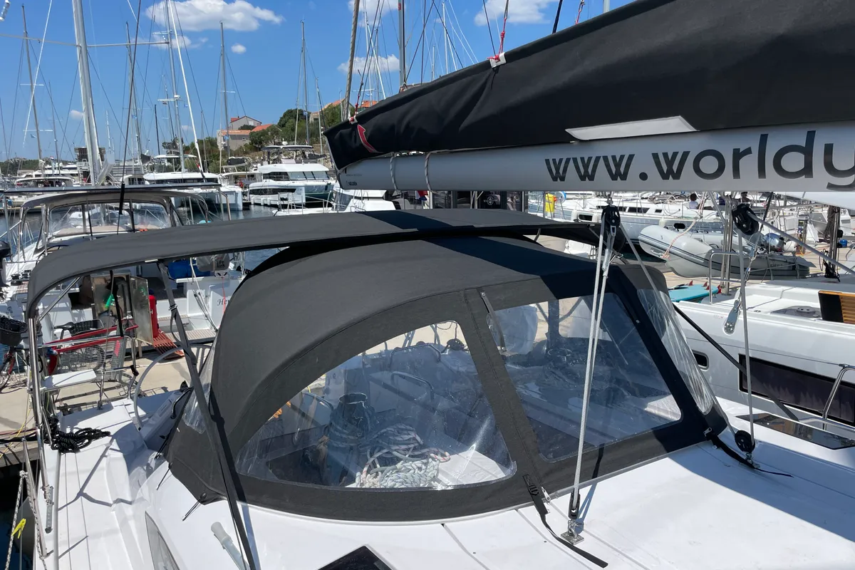 Deck of St. Marie, a Elan Impression 45 sailboat at Grad Šibenik, Croatia