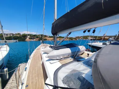 Deck of Pandora, a Hanse 508 sailboat at Lavrion, Greece