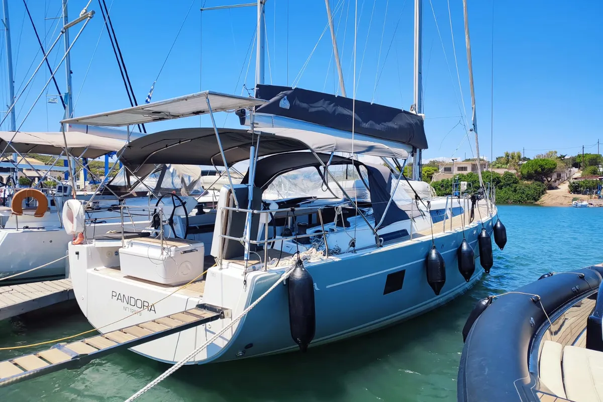 Exterior view of Pandora, a Hanse 508 sailboat at Lavrion, Greece