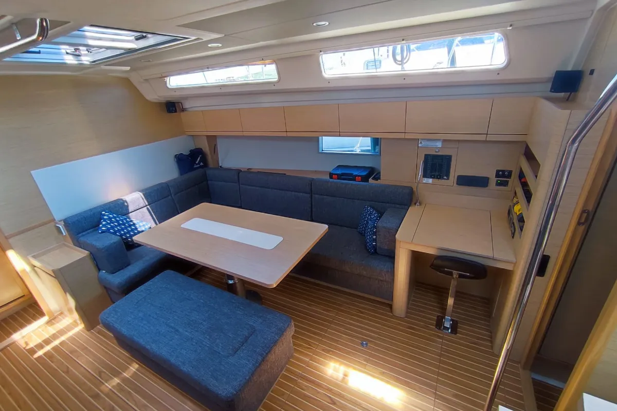 Salon of Pandora, a Hanse 508 sailboat at Lavrion, Greece