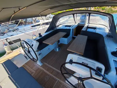 Cockpit of Pandora, a Hanse 508 sailboat at Lavrion, Greece
