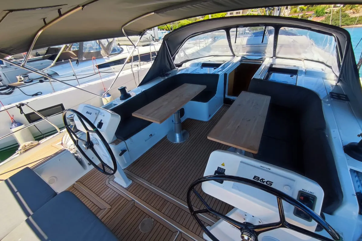 Cockpit of Pandora, a Hanse 508 sailboat at Lavrion, Greece