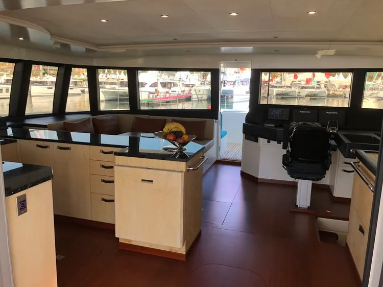 Cockpit of Premium +, a Gulet Serenity 64 catamaran at Sant Antoni de Portmany, Spain