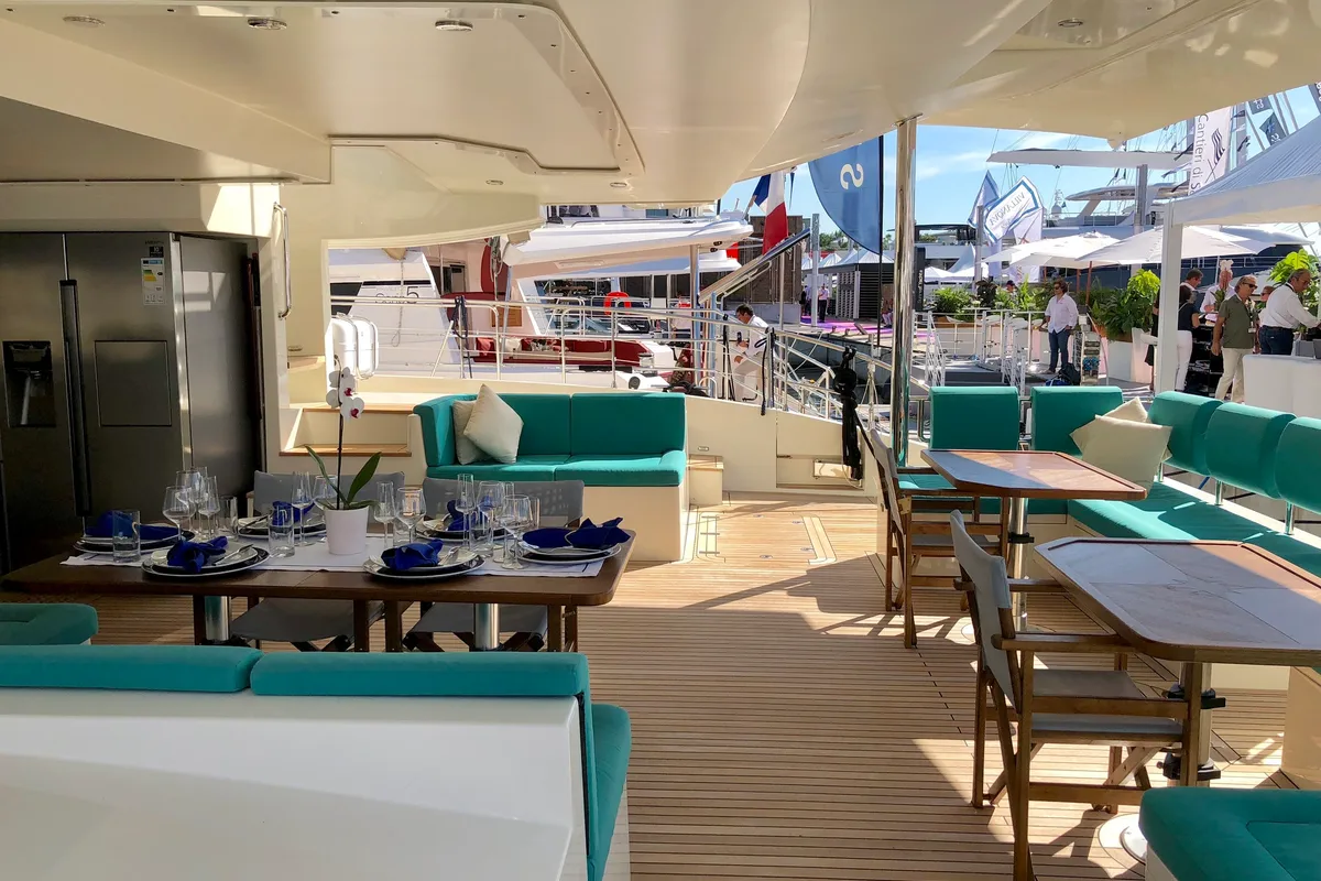 Deck of Premium +, a Gulet Serenity 64 catamaran at Sant Antoni de Portmany, Spain