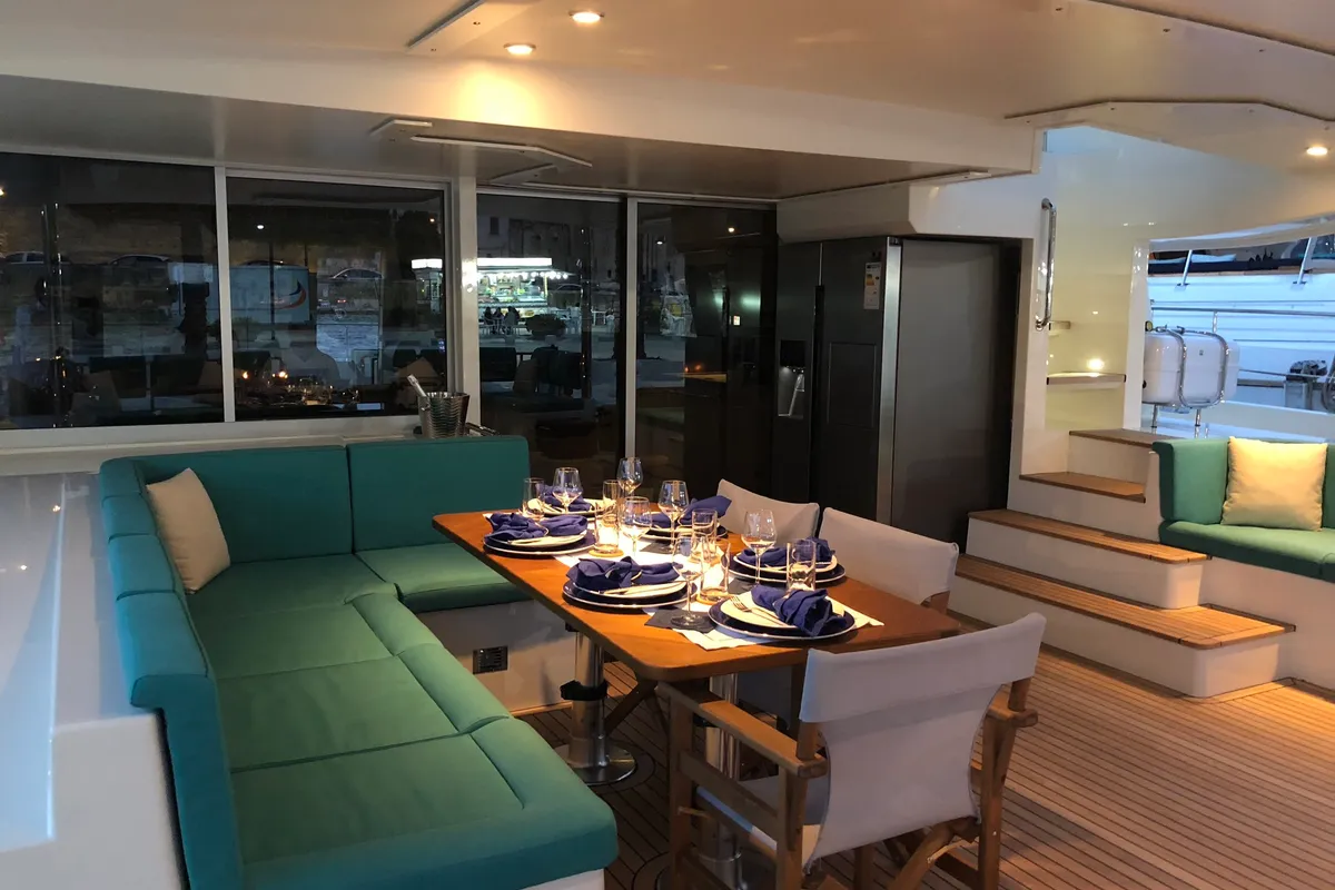 Salon of Premium +, a Gulet Serenity 64 catamaran at Sant Antoni de Portmany, Spain