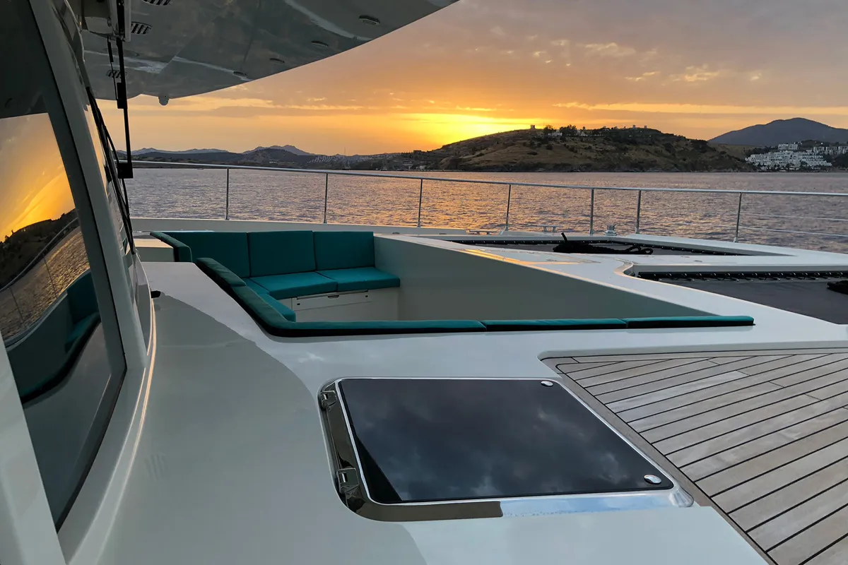 Deck of Premium +, a Gulet Serenity 64 catamaran at Sant Antoni de Portmany, Spain