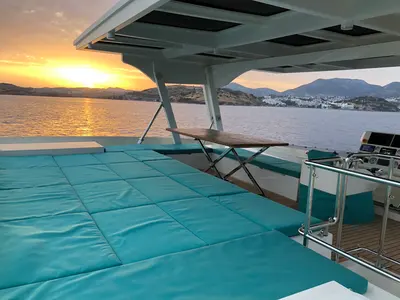 Deck of Premium +, a Gulet Serenity 64 catamaran at Sant Antoni de Portmany, Spain