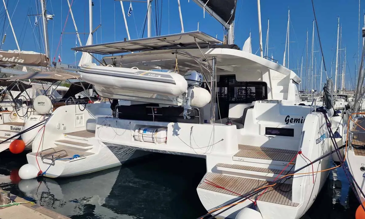 Exterior view of Gemini, a Lagoon 46 catamaran at Figari/Golfo Aranci, Italy