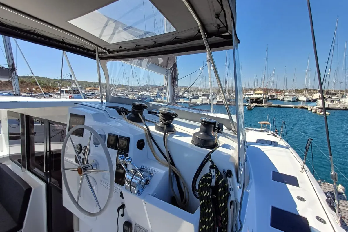 Cockpit of Emirel, a Fountaine Pajot Isla 40 catamaran at Municipal Unit of Rhodes, Greece