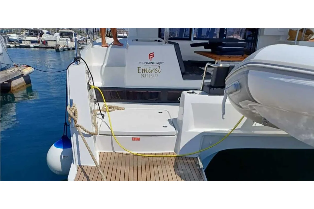 Exterior view of Emirel, a Fountaine Pajot Isla 40 catamaran at Municipal Unit of Rhodes, Greece