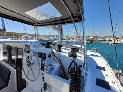 Cockpit of Emirel, a Fountaine Pajot Isla 40 catamaran at Municipal Unit of Rhodes, Greece