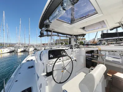 Cockpit of Easy Course, a Lagoon 42 catamaran at Grad Trogir, Croatia