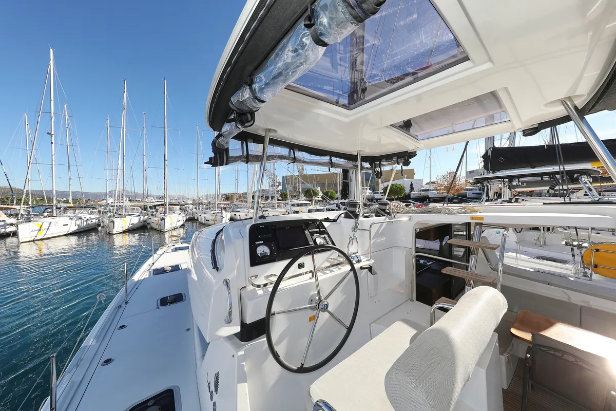 Cockpit of Easy Course, a Lagoon 42 catamaran at Grad Trogir, Croatia