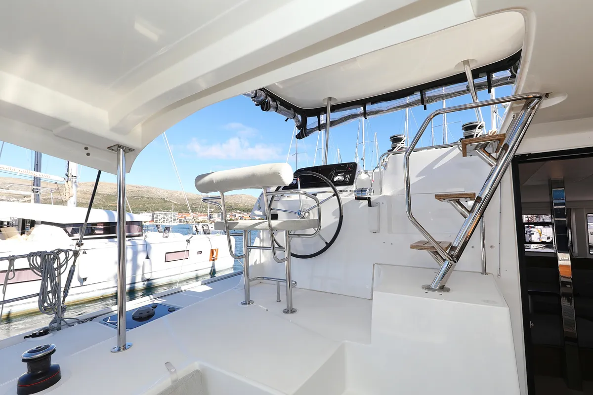 Cockpit of Easy Course, a Lagoon 42 catamaran at Grad Trogir, Croatia