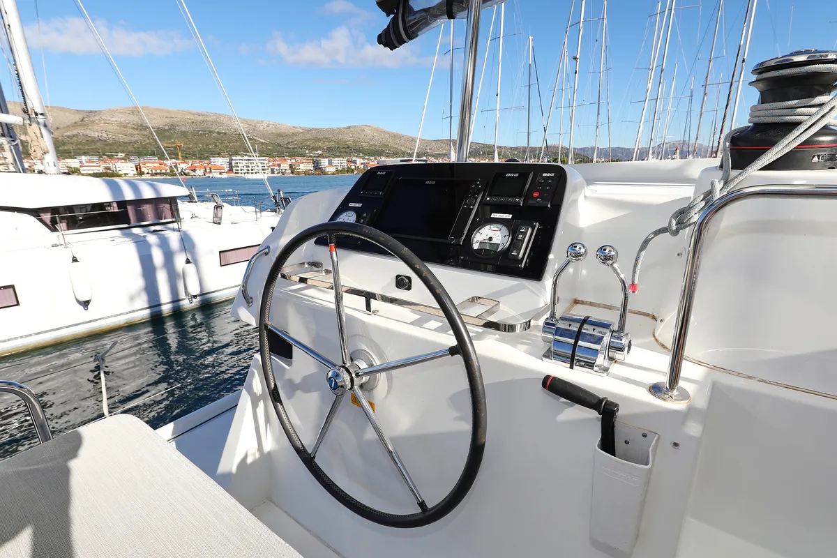 Cockpit of Easy Course, a Lagoon 42 catamaran at Grad Trogir, Croatia