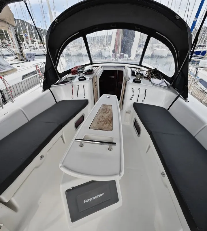 Cockpit of Lilium, a Beneteau Oceanis 43 Family sailboat at Fethiye, Turkey