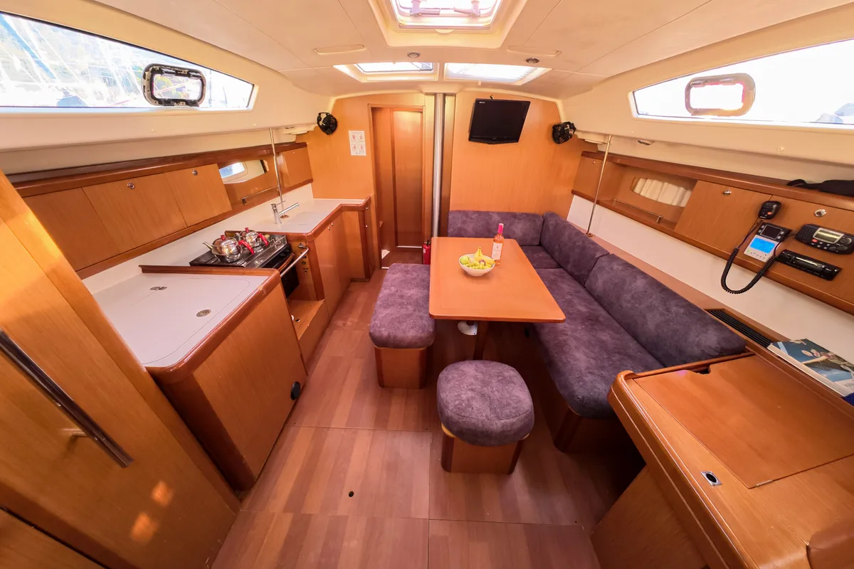Salon of Lilium, a Beneteau Oceanis 43 Family sailboat at Fethiye, Turkey