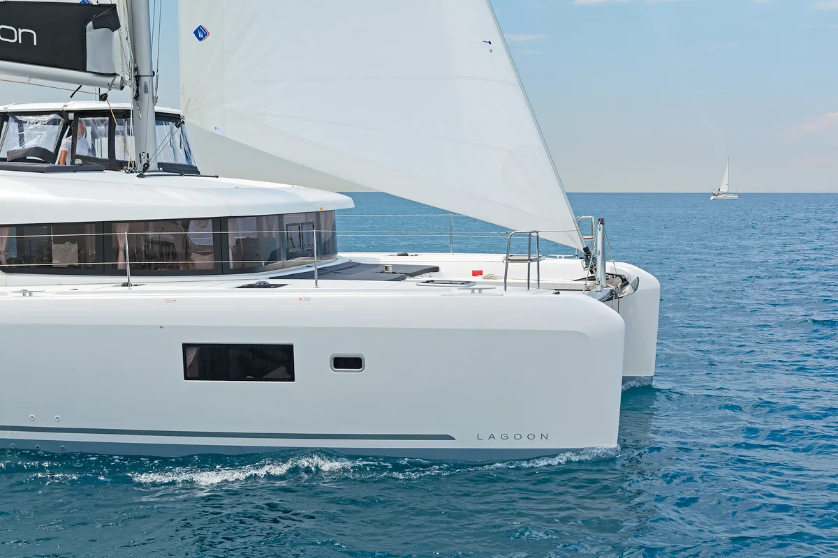Exterior view of Deja Vu, a Lagoon 42 catamaran at Lavreotiki Municipal Unit, Greece