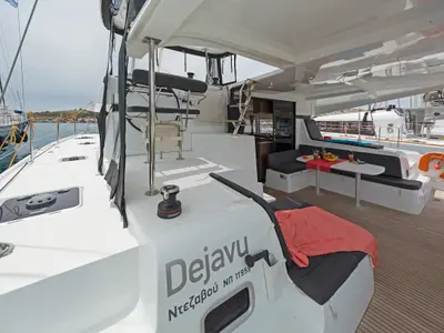 Deck of Deja Vu, a Lagoon 42 catamaran at Lavreotiki Municipal Unit, Greece