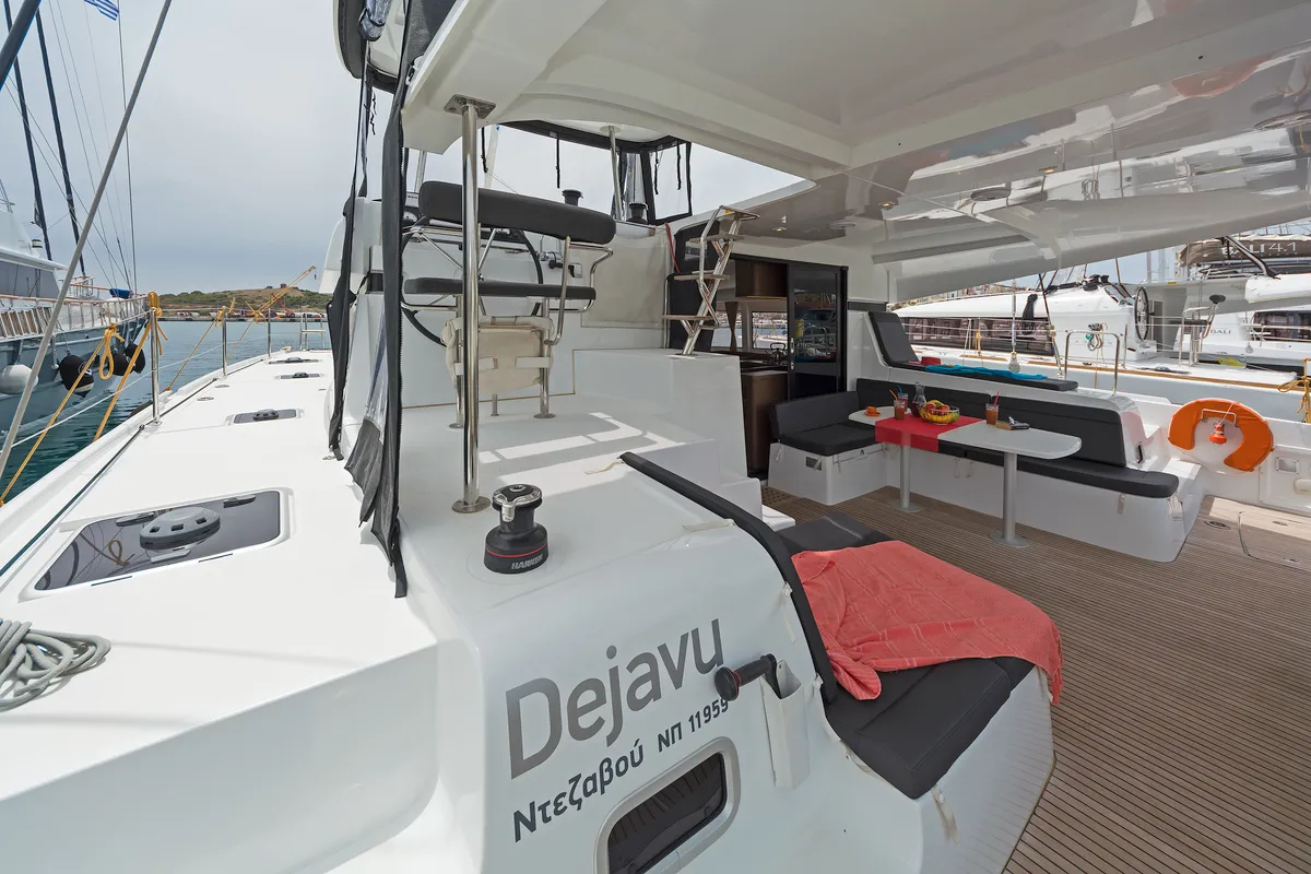 Deck of Deja Vu, a Lagoon 42 catamaran at Lavreotiki Municipal Unit, Greece