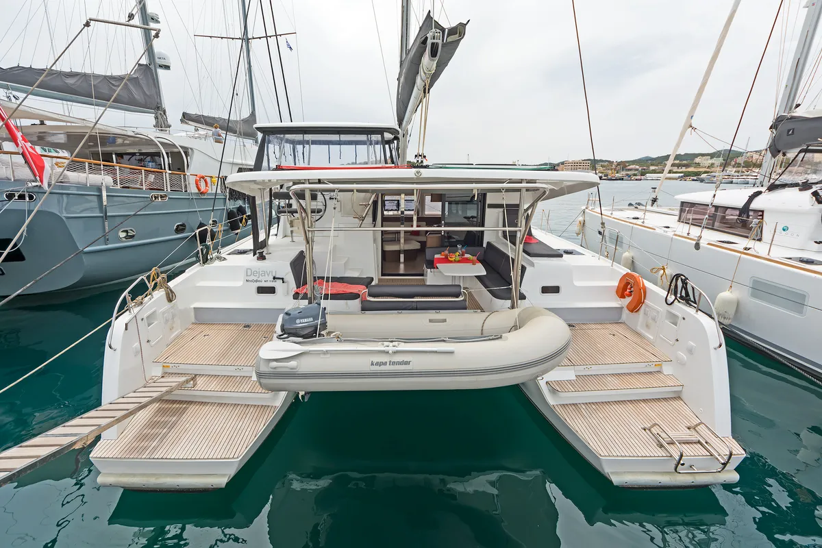 Exterior view of Deja Vu, a Lagoon 42 catamaran at Lavreotiki Municipal Unit, Greece