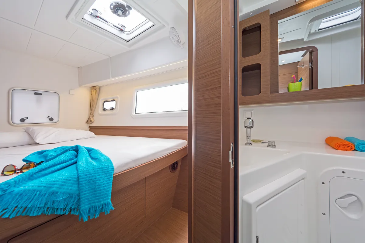 Cabin on Deja Vu, a Lagoon 42 catamaran at Lavreotiki Municipal Unit, Greece