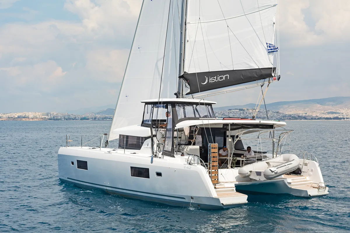 Exterior view of Deja Vu, a Lagoon 42 catamaran at Lavreotiki Municipal Unit, Greece