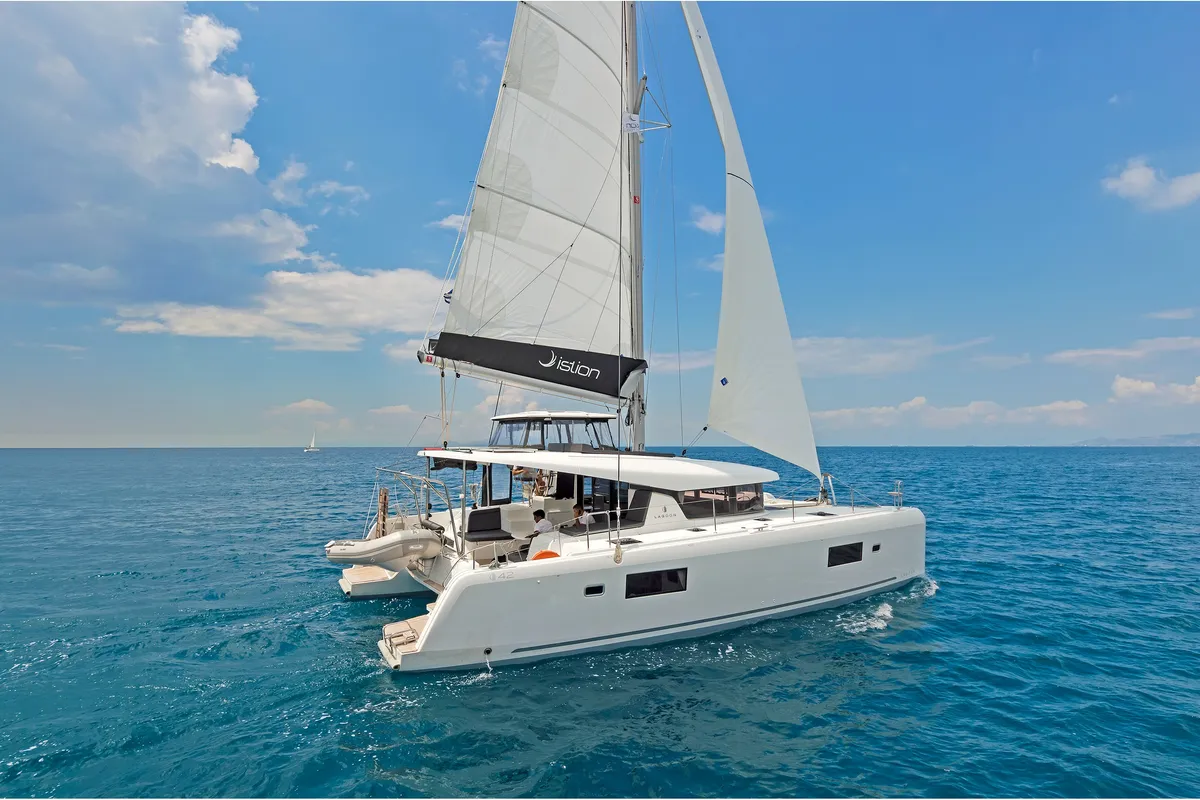 Exterior view of Deja Vu, a Lagoon 42 catamaran at Lavreotiki Municipal Unit, Greece
